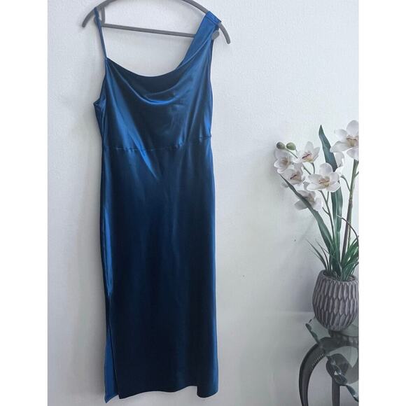 LUSH Women's Satin Midnight Blue Slip Midi Dress Side Slit Wedding Guest Size S - Picture 1 of 8